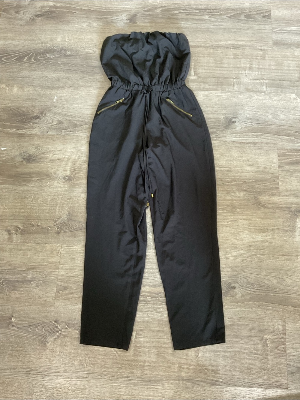 As U Wish Strapless Black Jumpsuit with Gold Zipper Accents